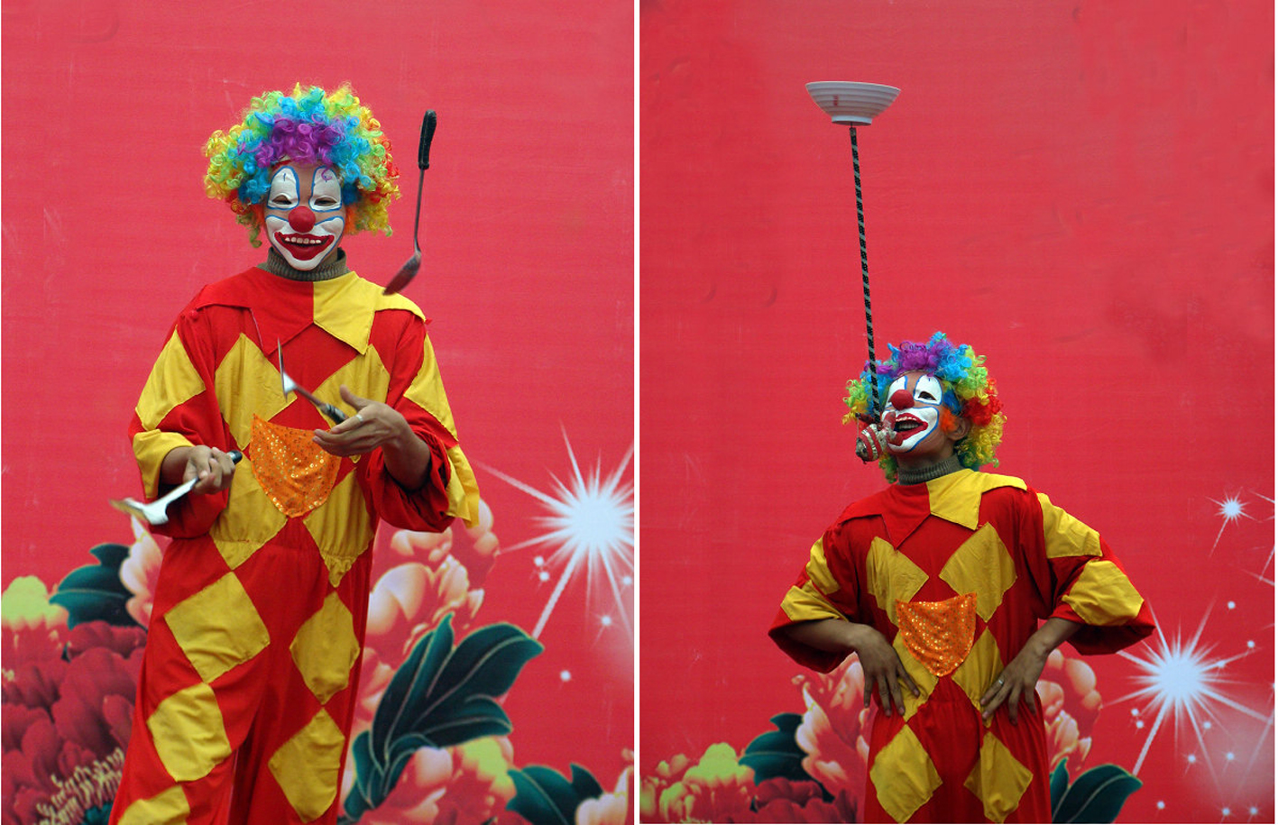 1,担当之人(顶技) 2,四人巧耍花坛 3,小丑互动(手技) 4,跳跃的呼啦圈